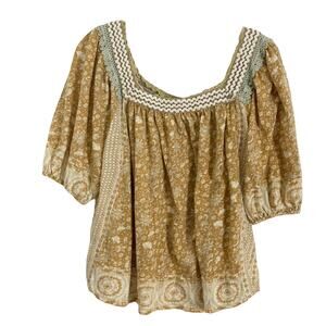 NWOT RACHEL ZOE Top XL Floral Puff Balloon 1/2 Sleeve Yellow Cotton